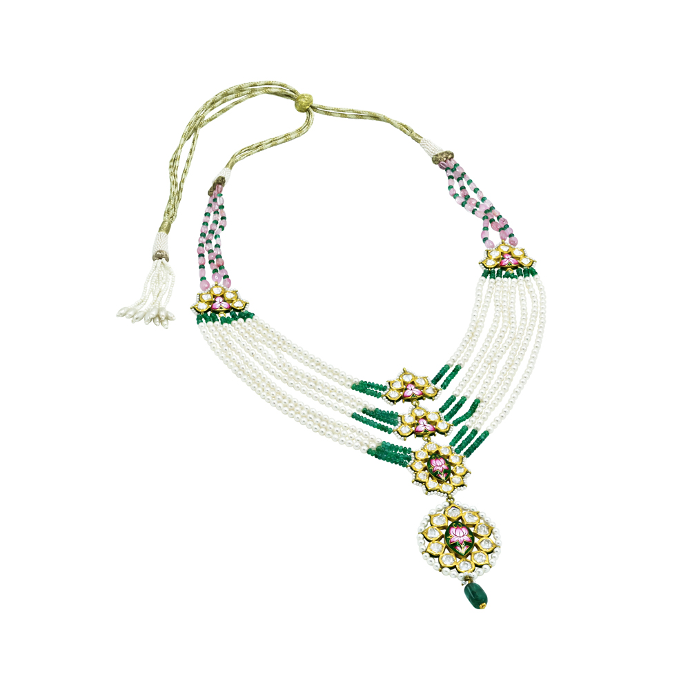 Pearl Necklace with Emerald, Tourmaline, and Polki Pendant